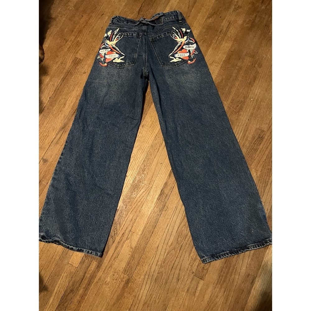Ed Hardy Women's Loose Fit Buckle Back Denim Born Free Jeans Size 26